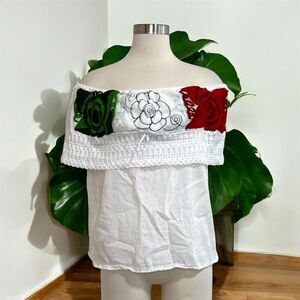 Vintage Lace Embroidered White Lace Peasant Blouse Top Mexican S M